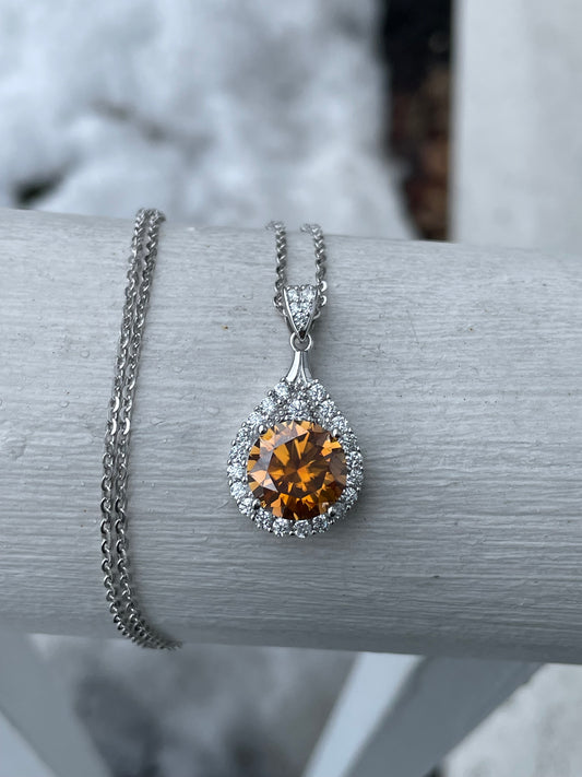 925 Sterling Silver 6.00ct Honey Color Moisonite Halo Necklace (K14)