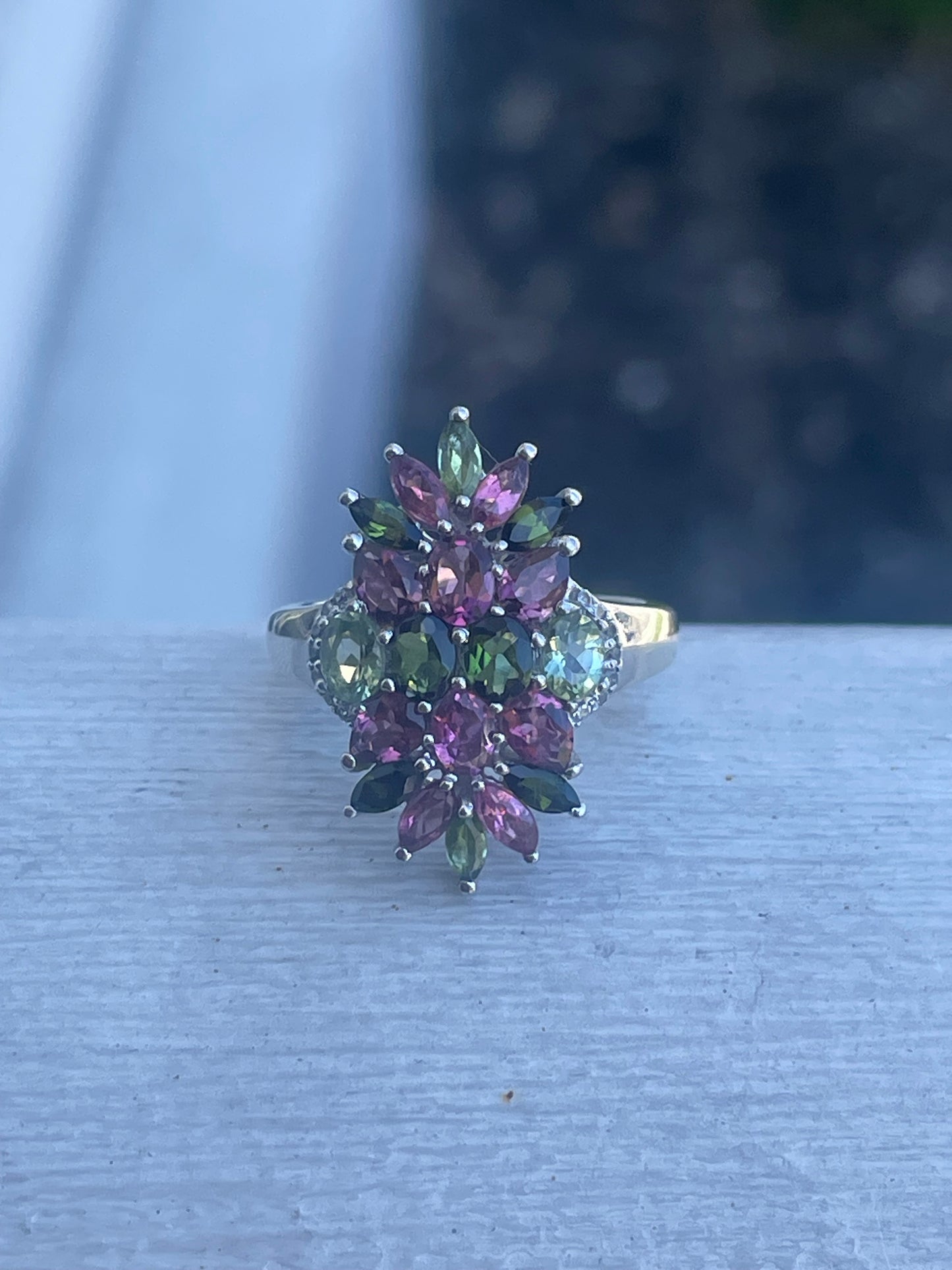 925 Sterling Silver Pink Tourmaline, Green Tourmaline & Praisolite Cluster Ring Size 6