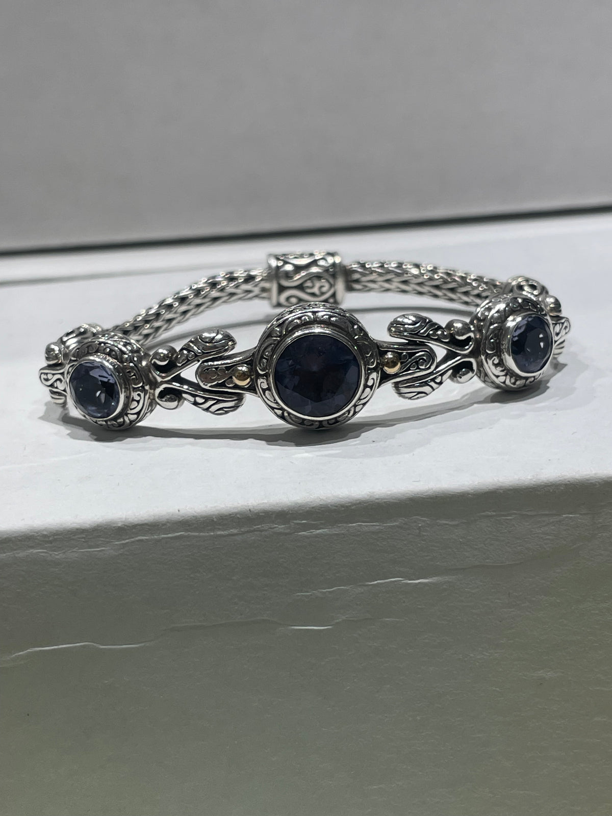 Designer David Schorr (DS) 925 Sterling Silver & 18k Gold Iolite Woven Bracelet
