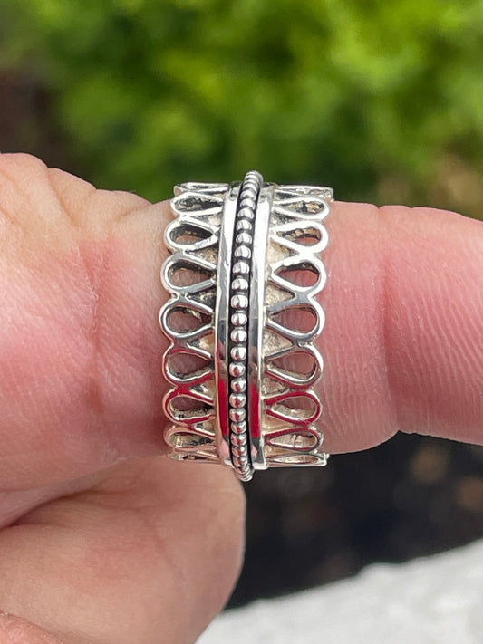 Designer Geo Art 925 Sterling Silver Beaded & Spiral Eternity Band Ring Size 8