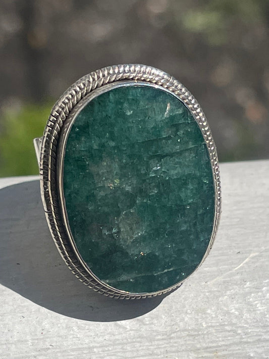 925 Sterling Silver Large Natural Emerald Stone Ring Size 6