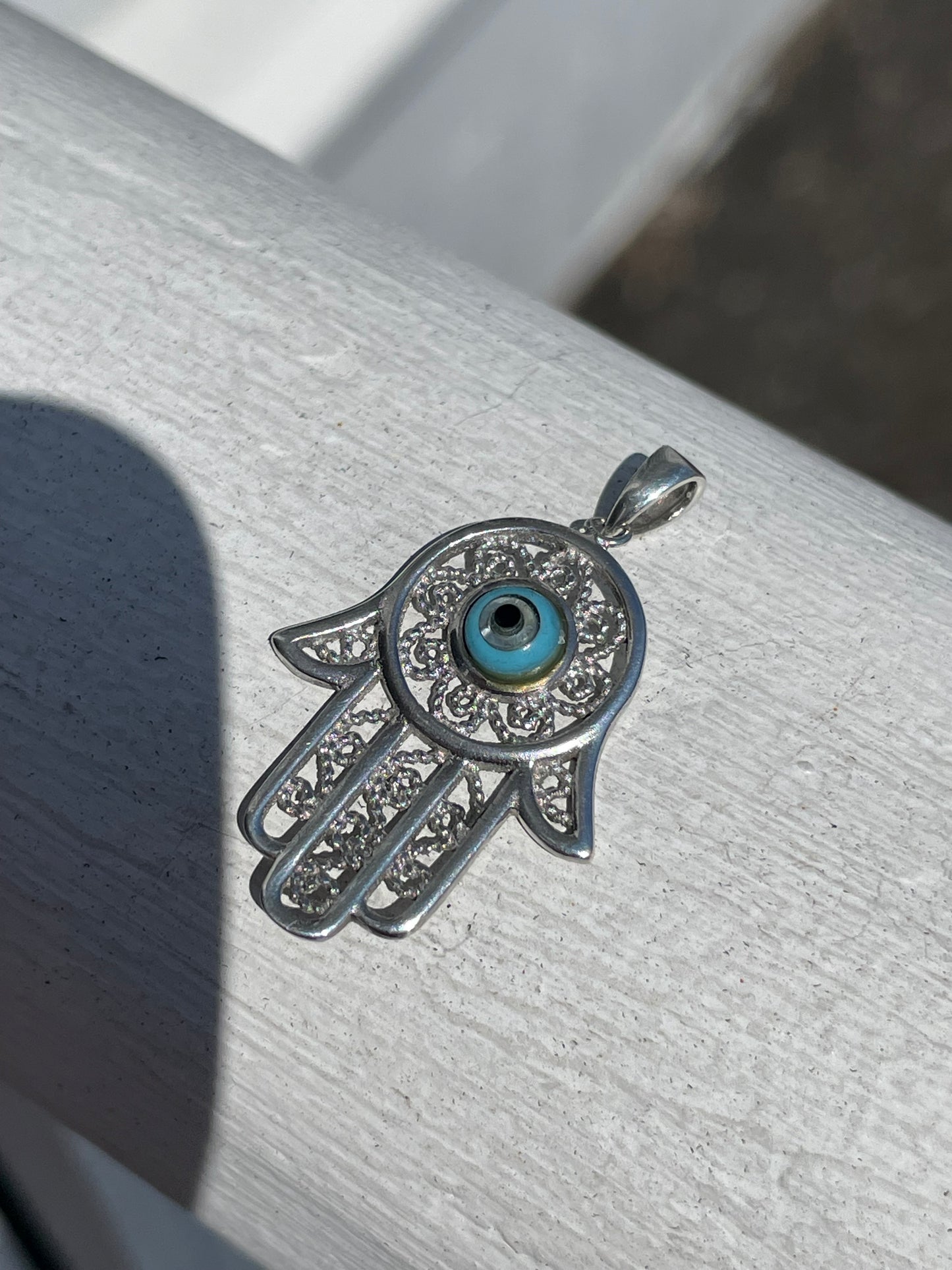 925 Sterling Silver Filigree Hamsa Evil Eye Pendant