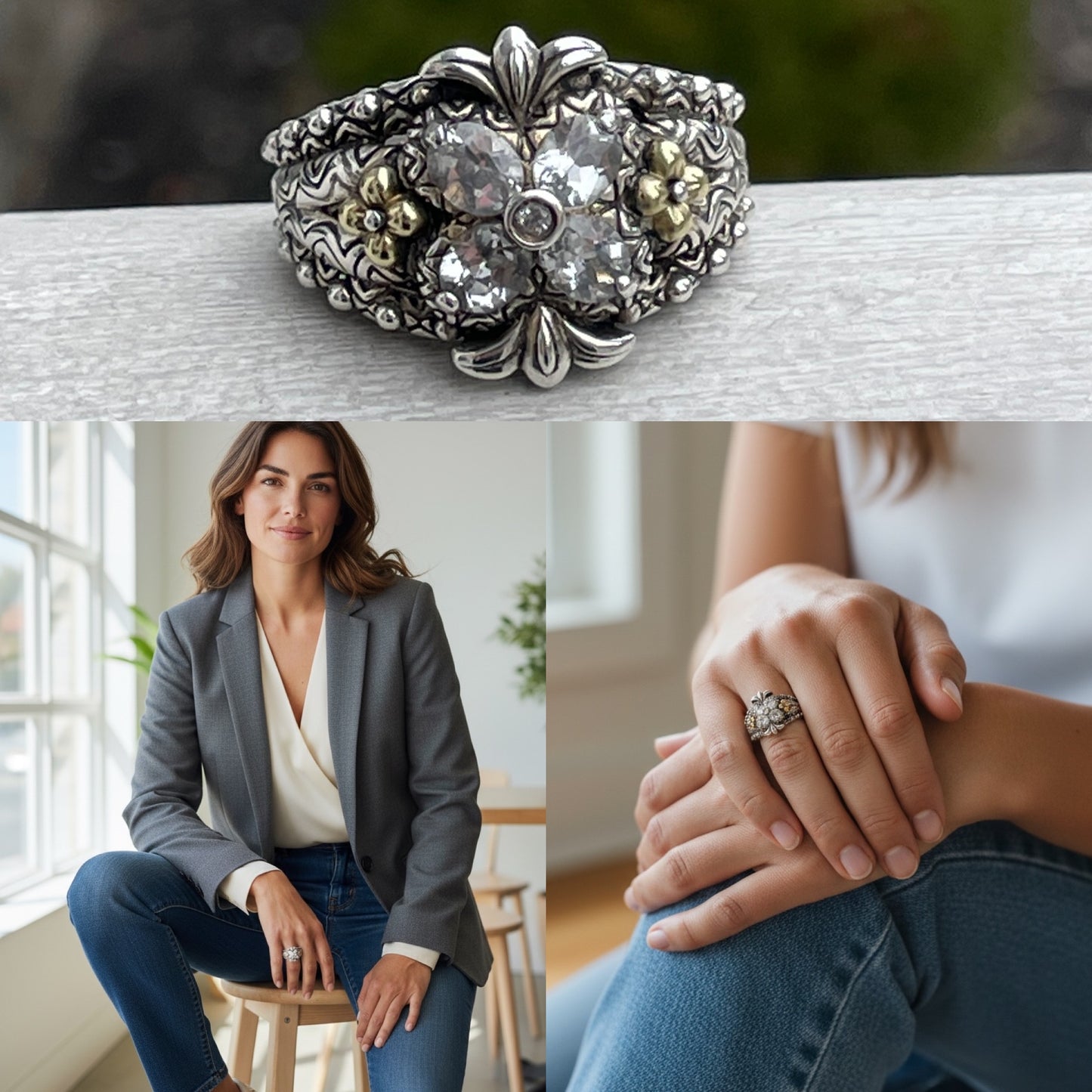 Designer Barbara Bixby Silver & 18k Gold White Topaz Clover Ring Size 9