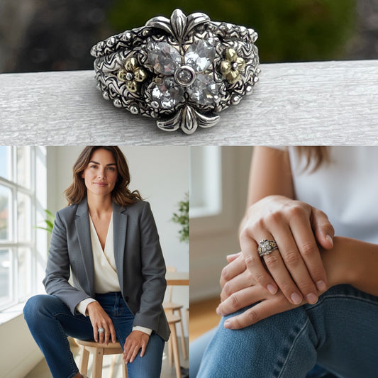 Designer Barbara Bixby Silver & 18k Gold White Topaz Clover Ring Size 9