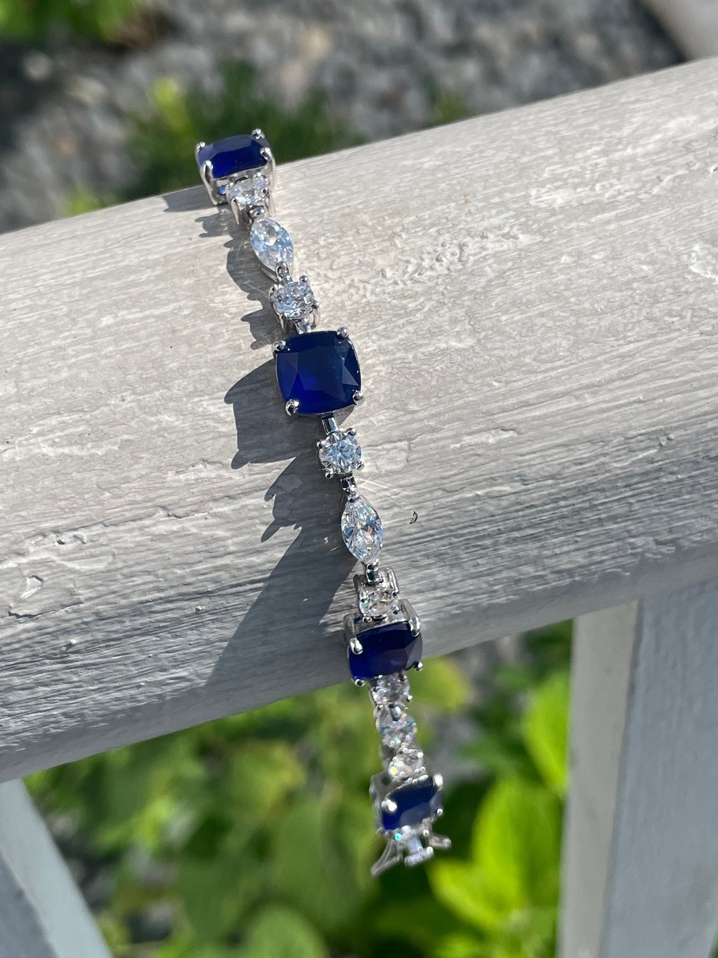 925 Sterling Silver Simulated Cushion Cut Sapphire and Clear Zirconia Tennis Bracelet 7”