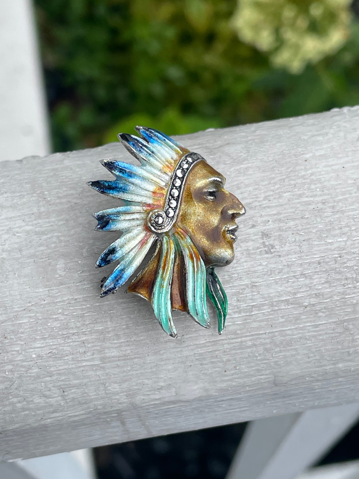 Handmade 925 Sterling Silver Enameled Native American Indian Head Pin