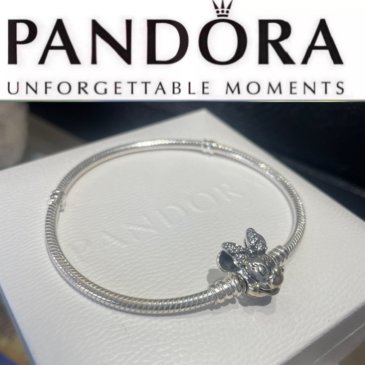 Pandora x Disney Sparkling Minnie Mouse Lock 7.9” Snake Bracelet ~ New in Box