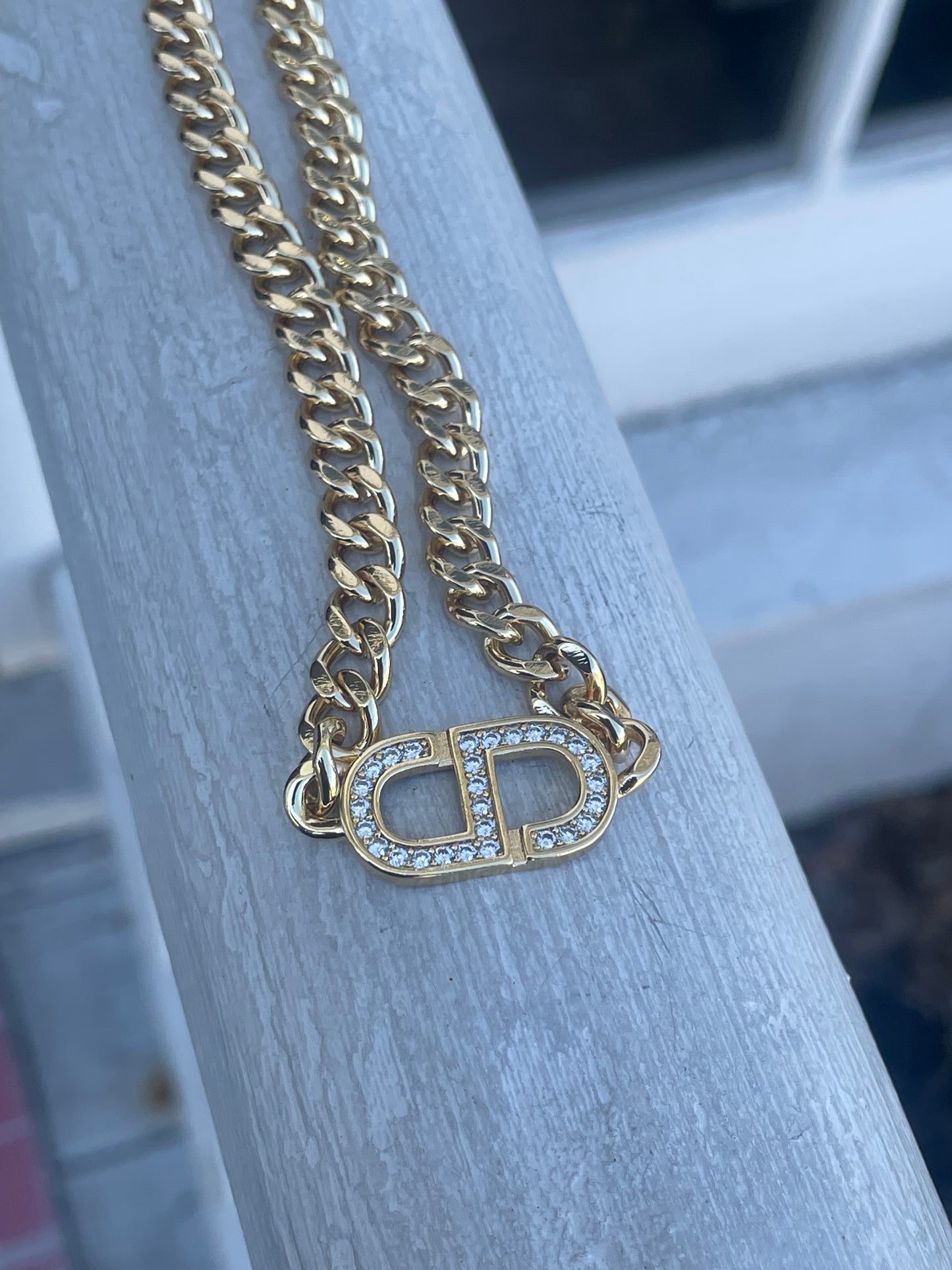 Gold Plated CD Christian Dior Lookalike Cuban Link Chunky Choker Necklace