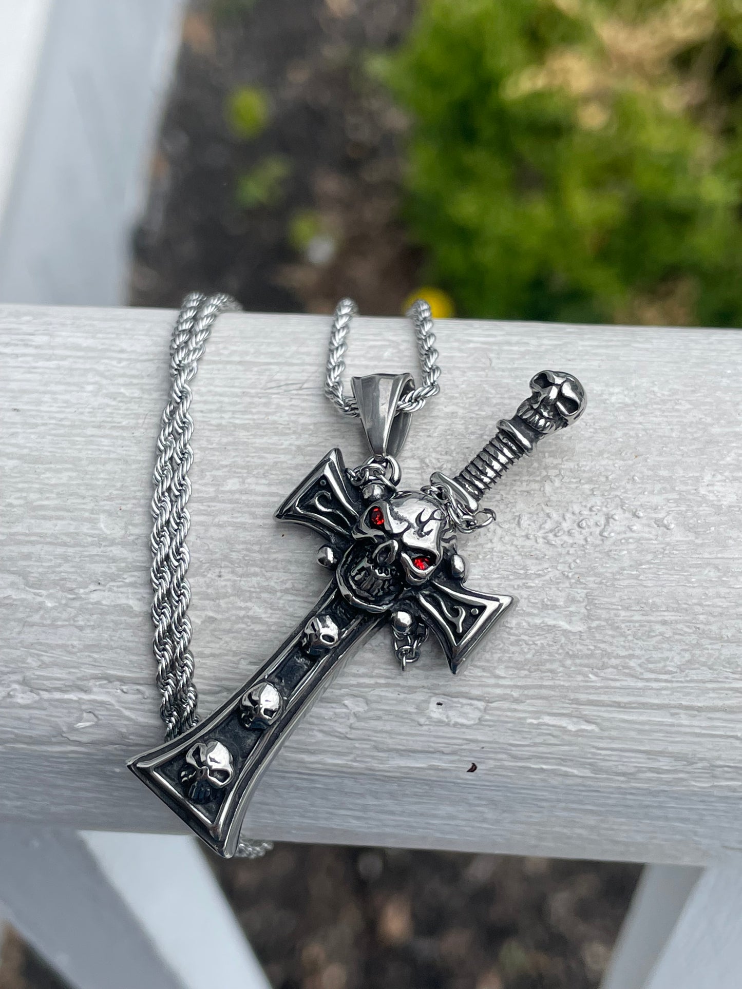 Stainless Steel Skull Cross & Dagger Necklace