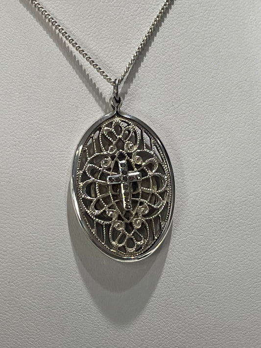 925 Sterling Silver Oval Filigree Cross Necklace 16”