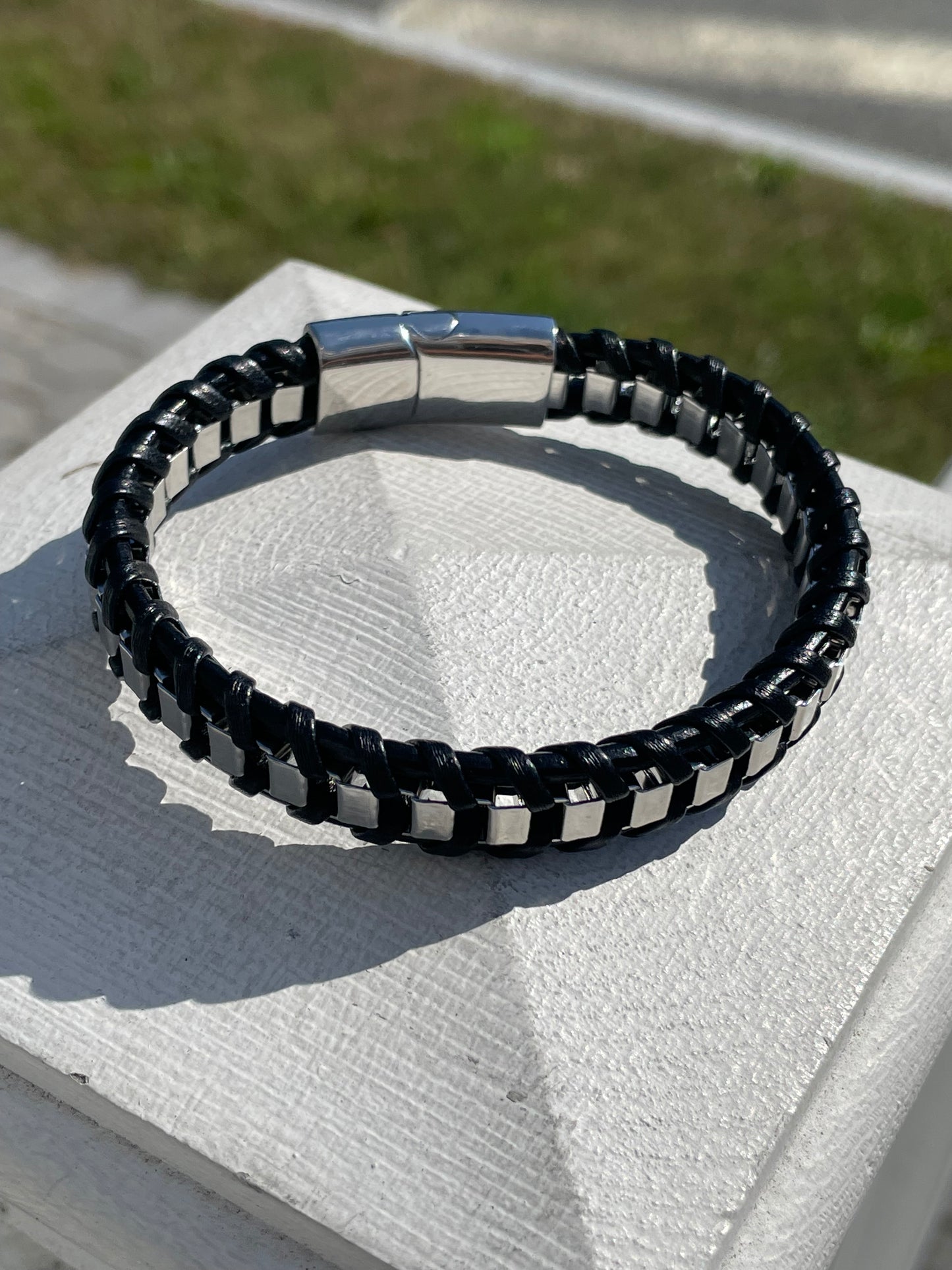 Stainless Steel & Black Leather 9.0” Mens Bracelet