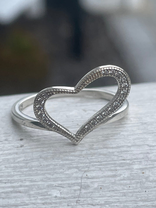 925 Sterling Silver Open Heart Clear Zirconia Ring Size 8