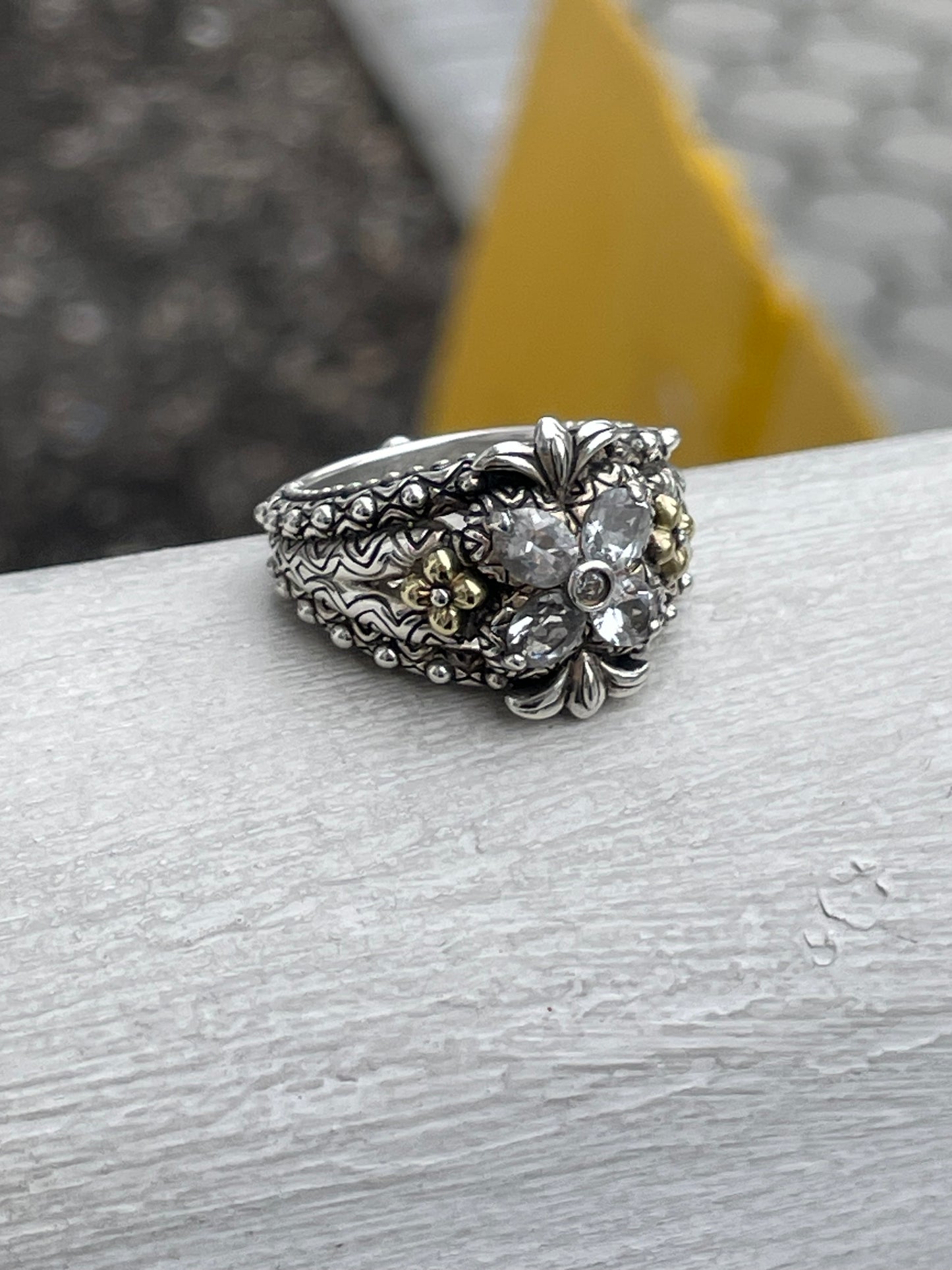 Designer Barbara Bixby Silver & 18k Gold White Topaz Clover Ring Size 9