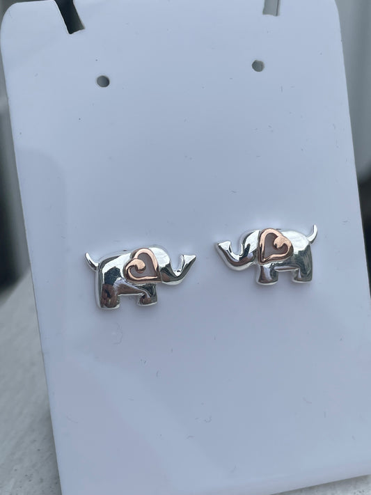 925 Sterling Silver 2tone Rose Vermeil Lucky Elephant Stud Earrings