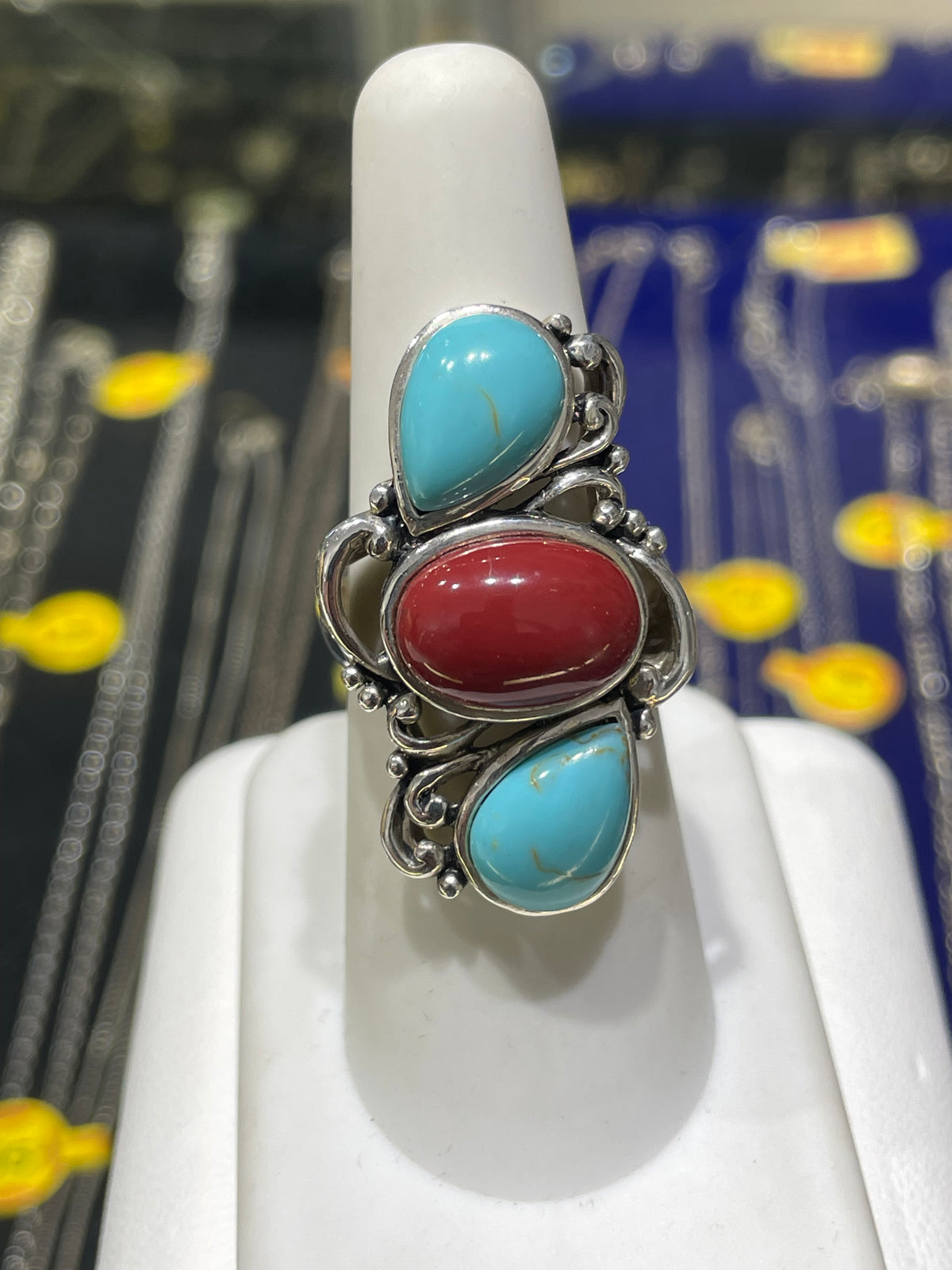 Designer CFJ 925 Sterling Silver Turquoise & Carnelian Vertical Past Present Future Ring Size 7