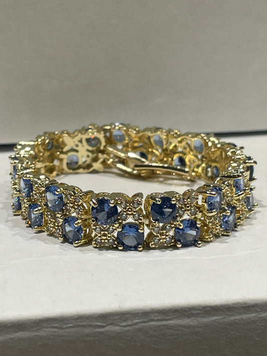 Simulated Tanzanite & Cz Double Row Gold Plated 7” Tennis Bracelet