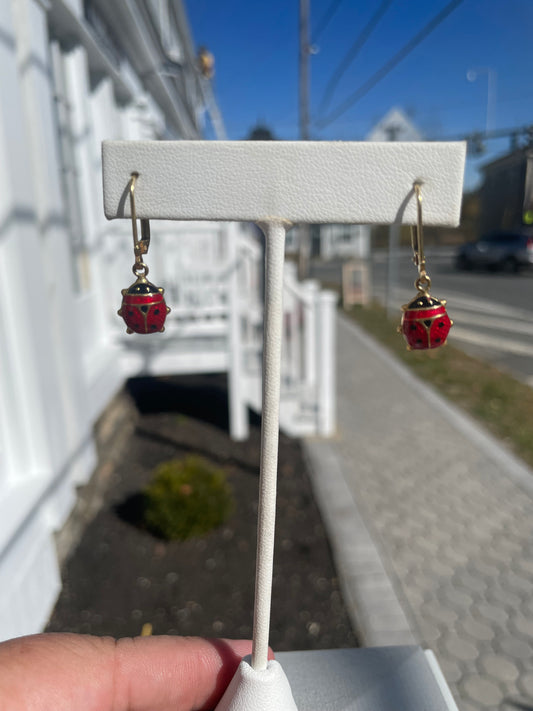 14k Gold Ladybug Dangle Earrings