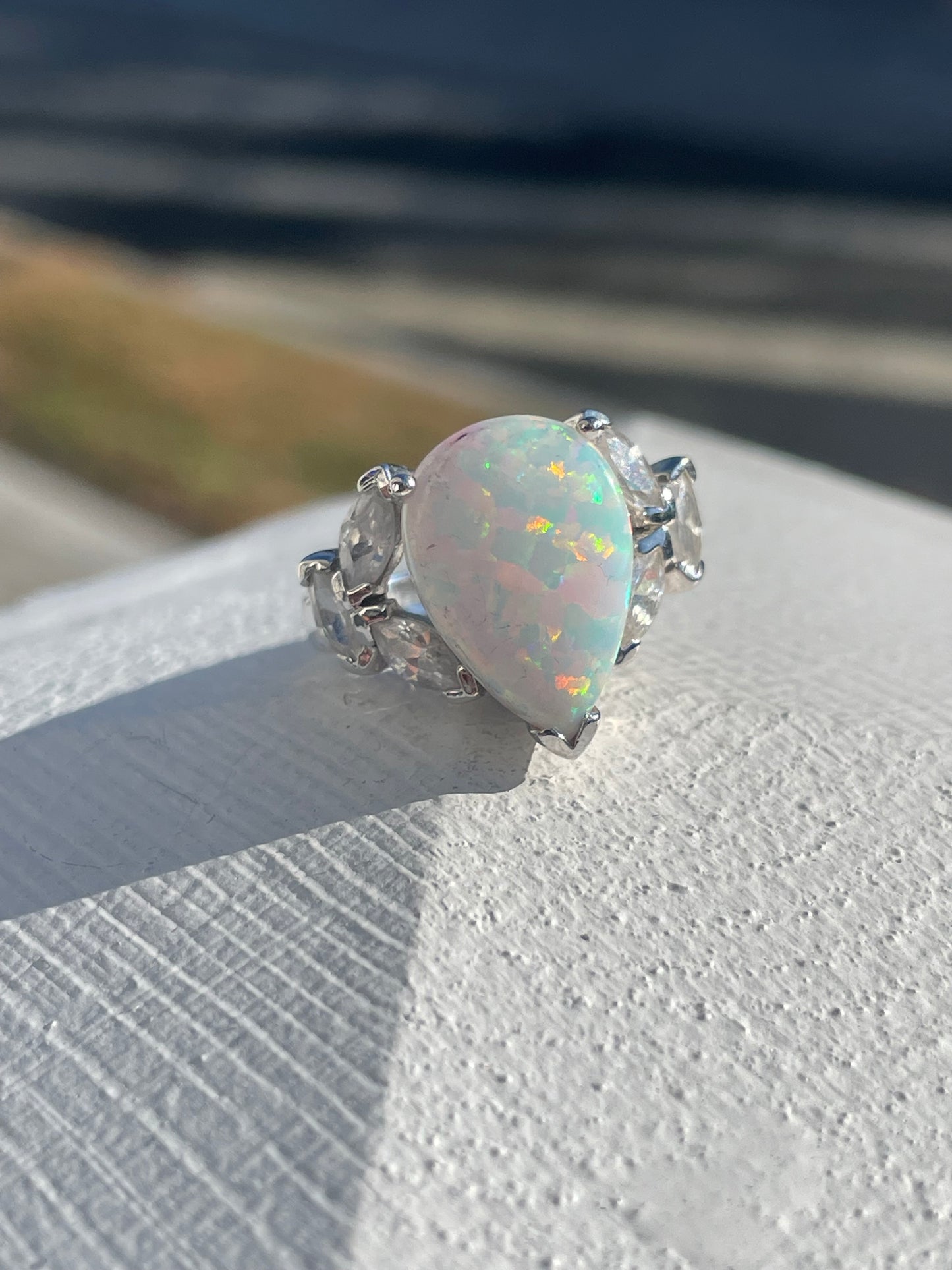 925 Sterling Silver Pear Shape Opal & Cz Decor Ring Size 7