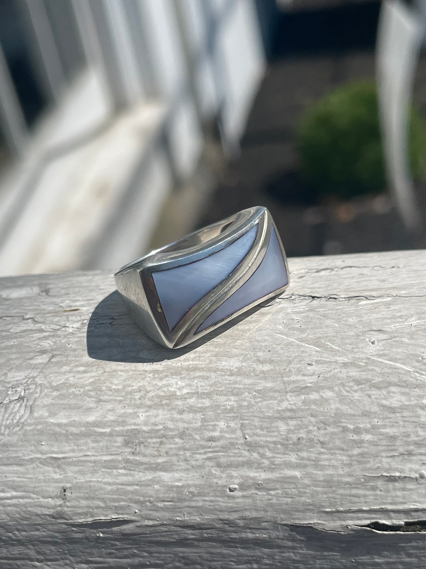 925 Sterling Silver Blue Mother of Pearl Rectangular Signet Ring