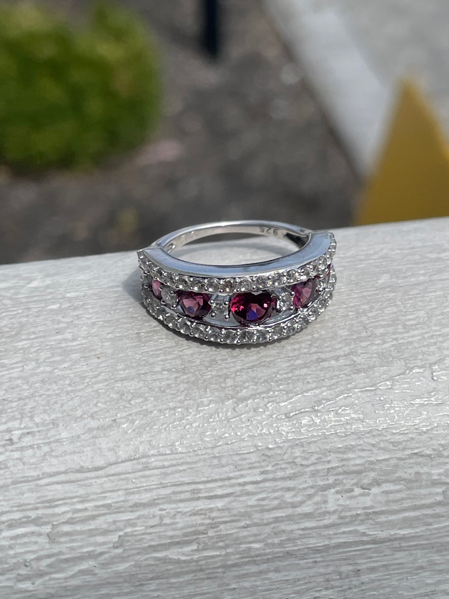 925 Sterling Silver Rhodolite & Clear Zirconia Band Ring Size 7