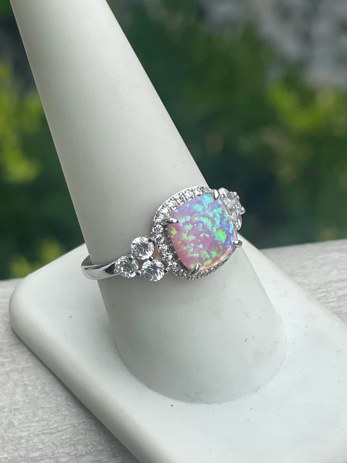 925 Sterling Silver Opal & Cz Cluster Ring Size 9