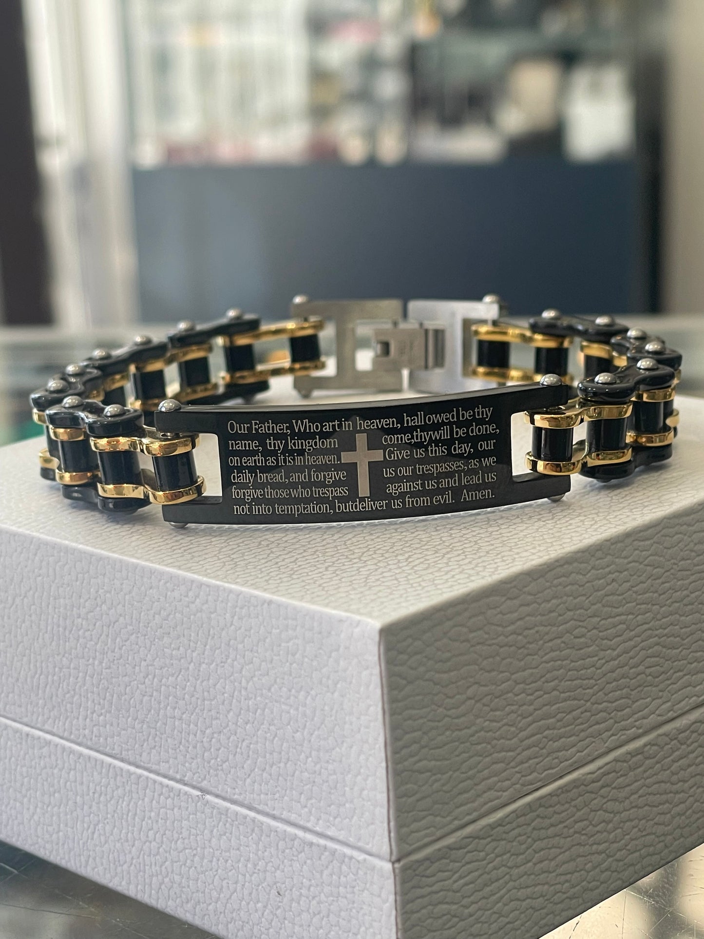 Stainless Steel Lords Prayer Bike Chain Link Bracelet