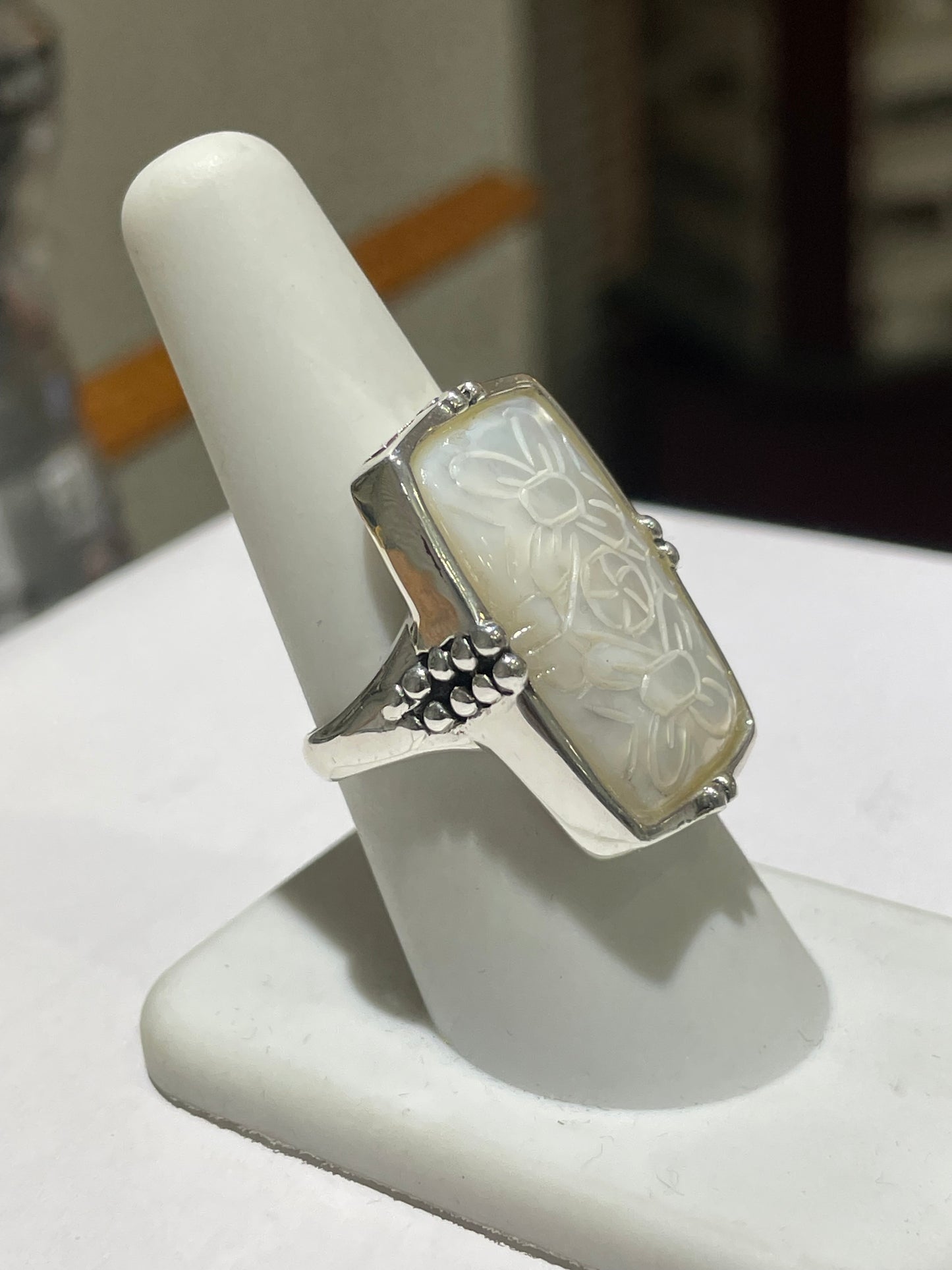 Large Hand Etched Mother of Pearl Signet 925 Sterling Silver Ring Size 8