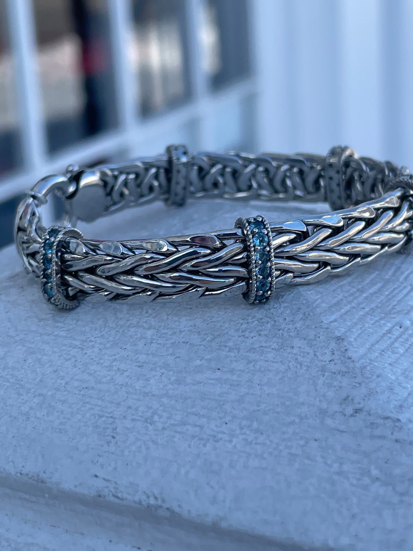 925 Silver Blue Topaz Station Woven Braided Bracelet 7”