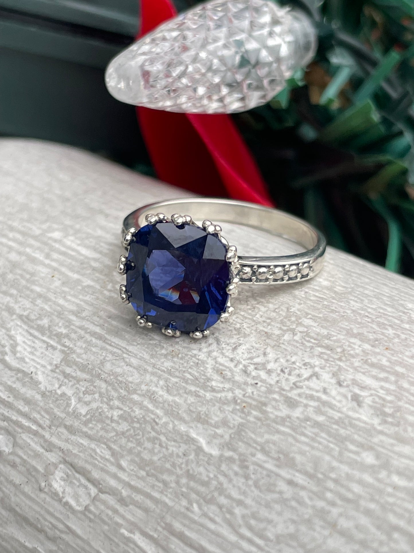 925 Sterling Silver Simulated Sapphire Solitaire Ring Size 8