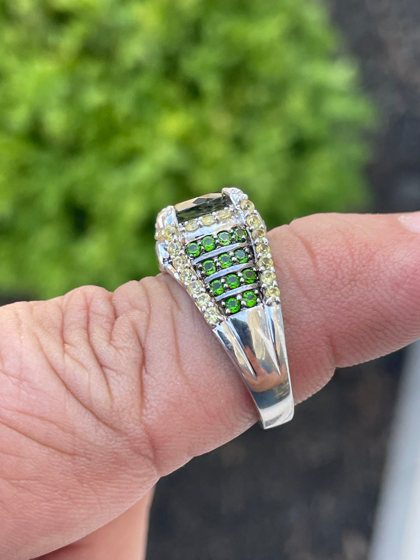 925 Sterling Silver Chrome Diopside Peridot & Citrine Cluster Ring Size 7