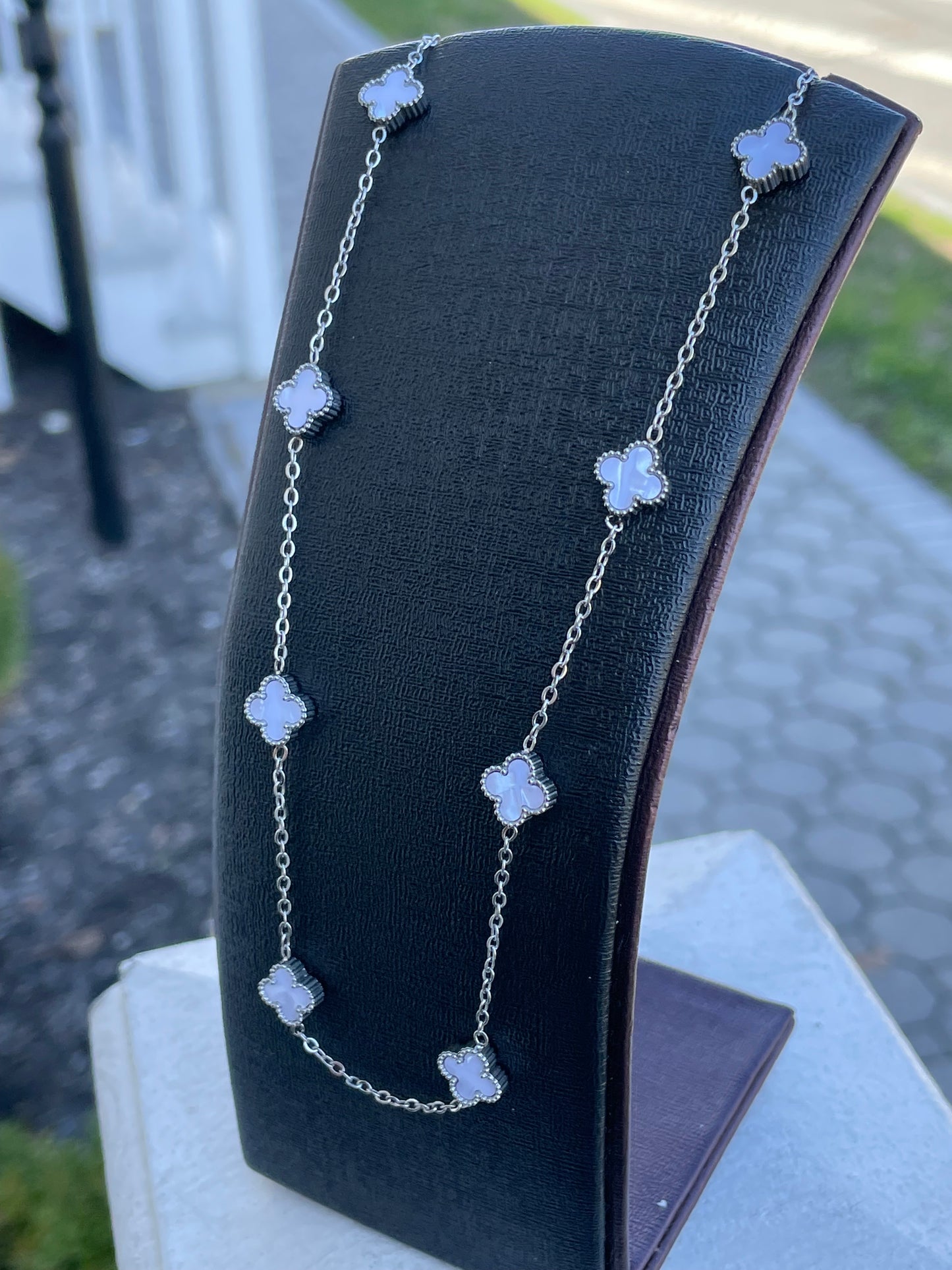 Stainless Steel White Mother of Pearl Mini Clover Station Van Cleef Style Necklace 18-20"