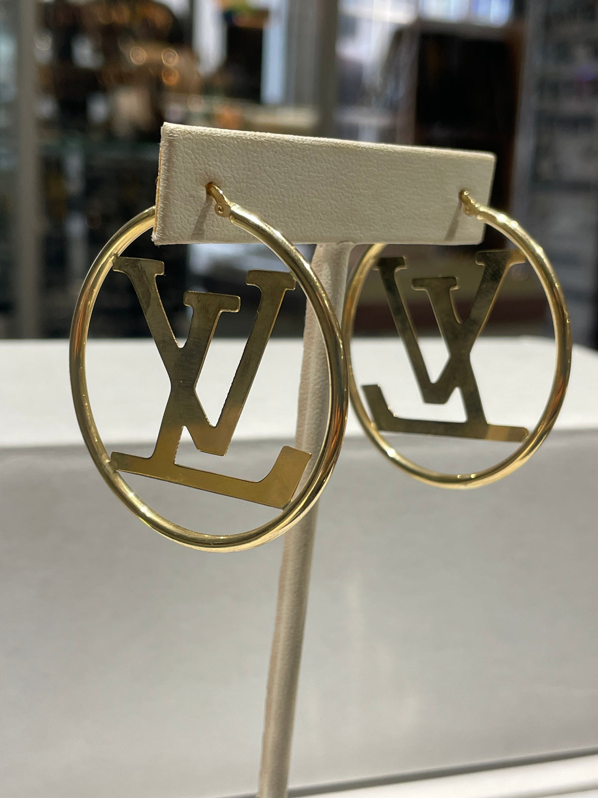 Solid 14k Gold LV Logo Designed Hoop Earrings
