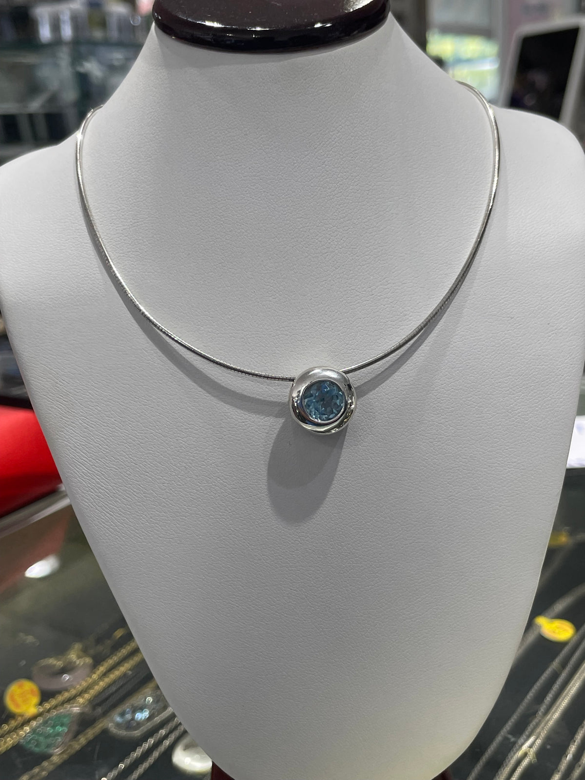 925 Sterling Silver Blue Topaz Bezel Set Omega Necklace