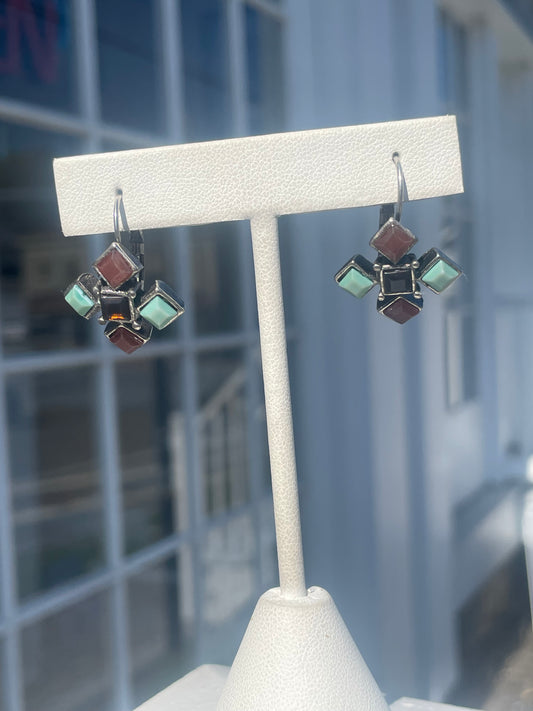 Vintage 925 Sterling Silver Turquoise, Carnelian, and Brown Quartz Cluster Dangle Earrings