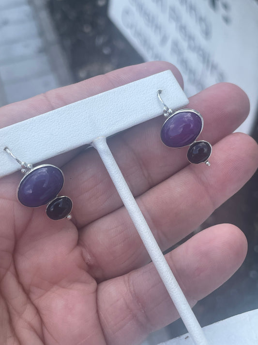 925 Sterling Silver Charoite & Onyx Drop Earrings