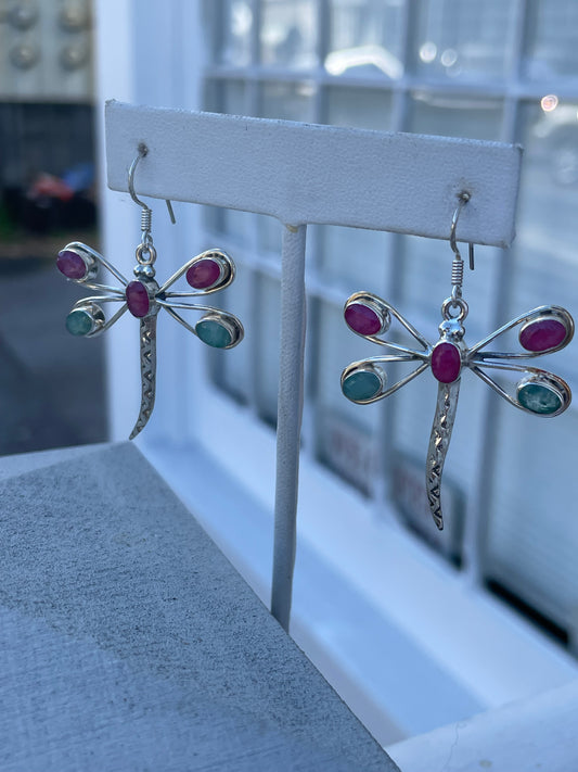 925 Sterling Silver Natural Ruby & Emerald Dragonfly Dangle Earrings