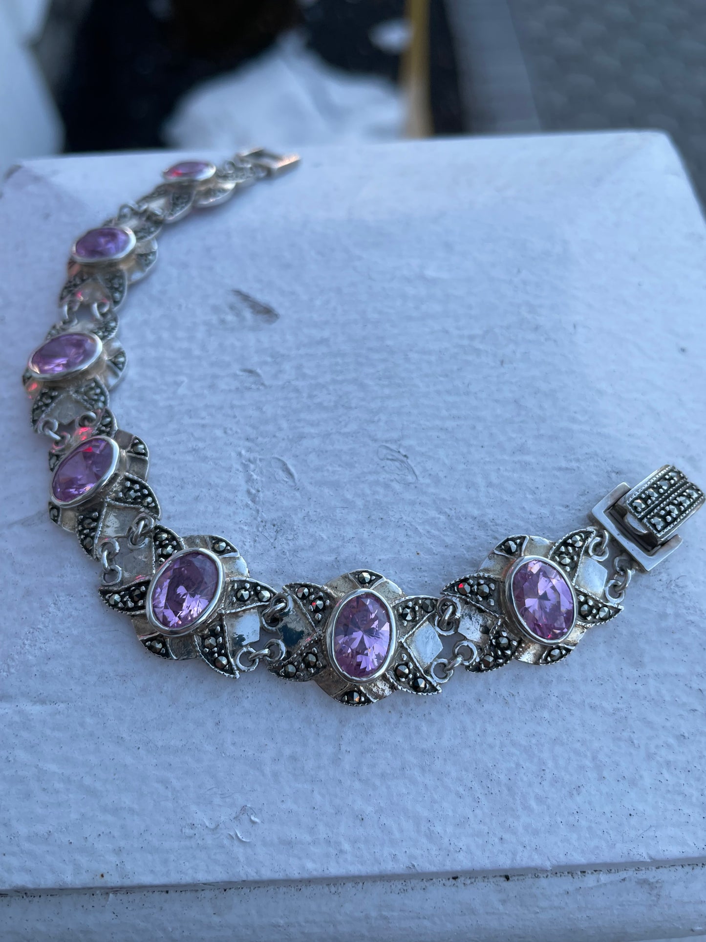 925 Sterling Silver Vintage Pink Cz & Marcasite Signet Bracelet 6.75”