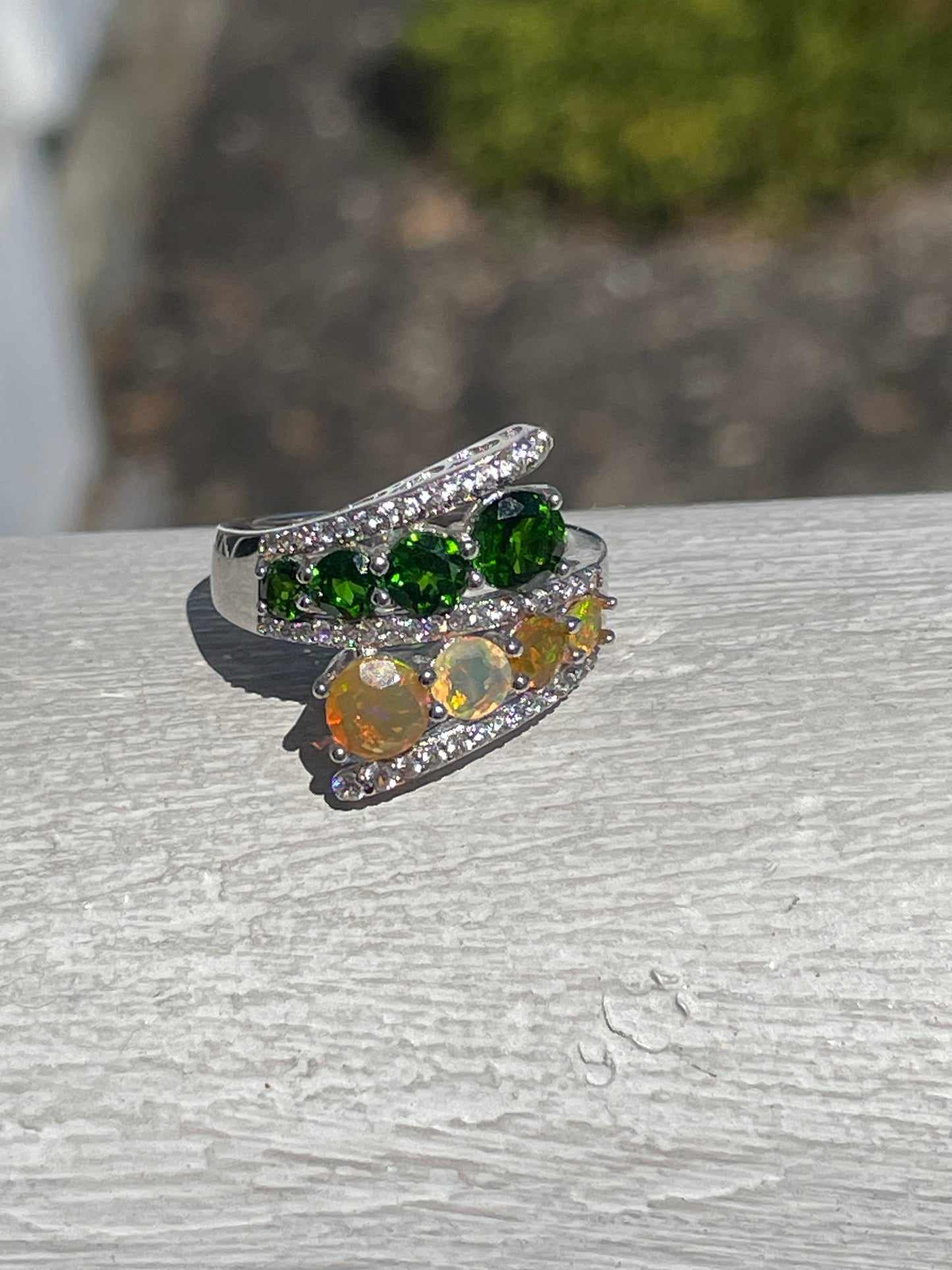 925 Sterling Silver Chrome Diopside & Ethiopian Opal Bypass Ring Size 6