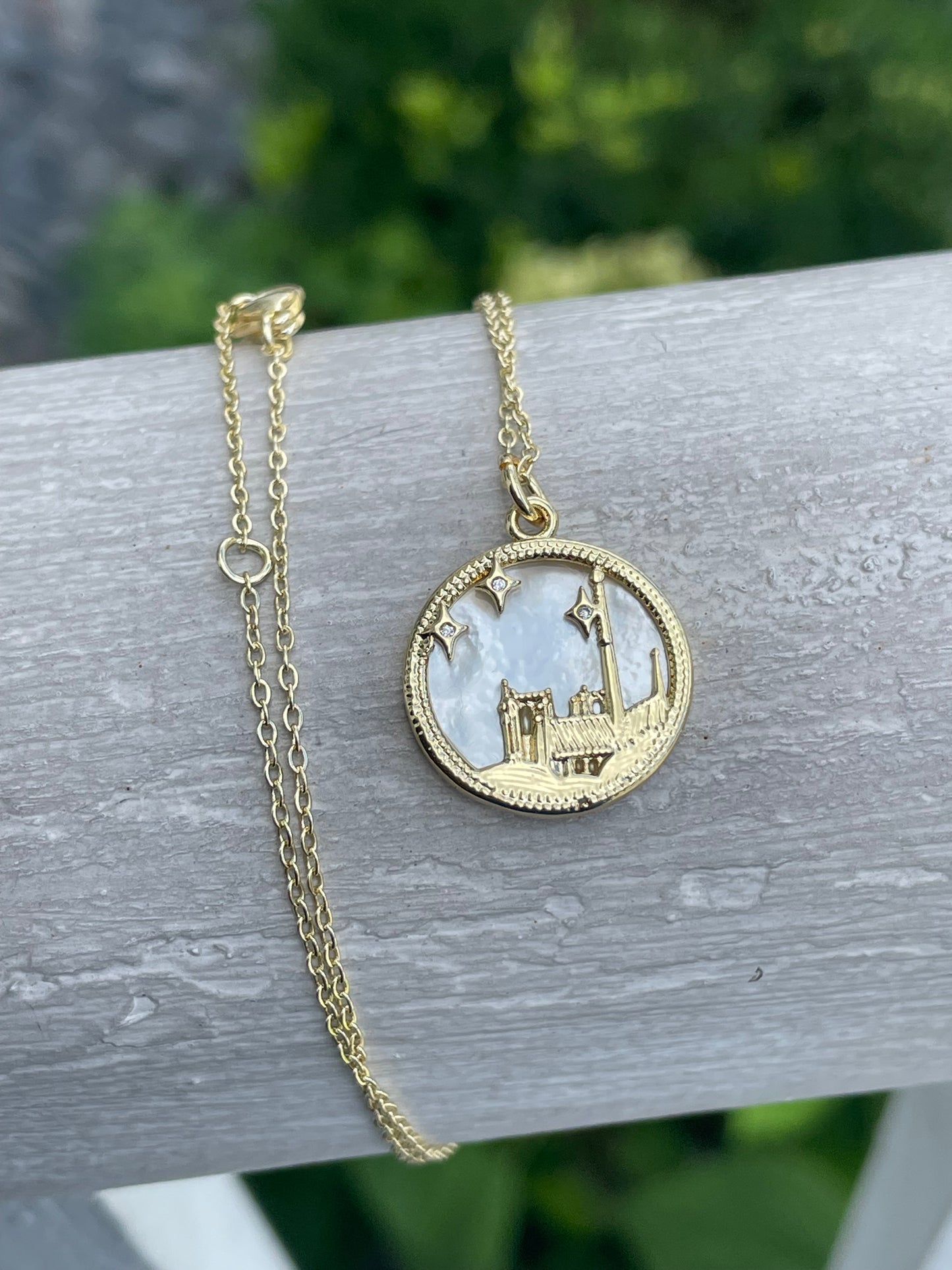 Gold Plated Enchanted Castle Mother of Pearl Reversible Necklace