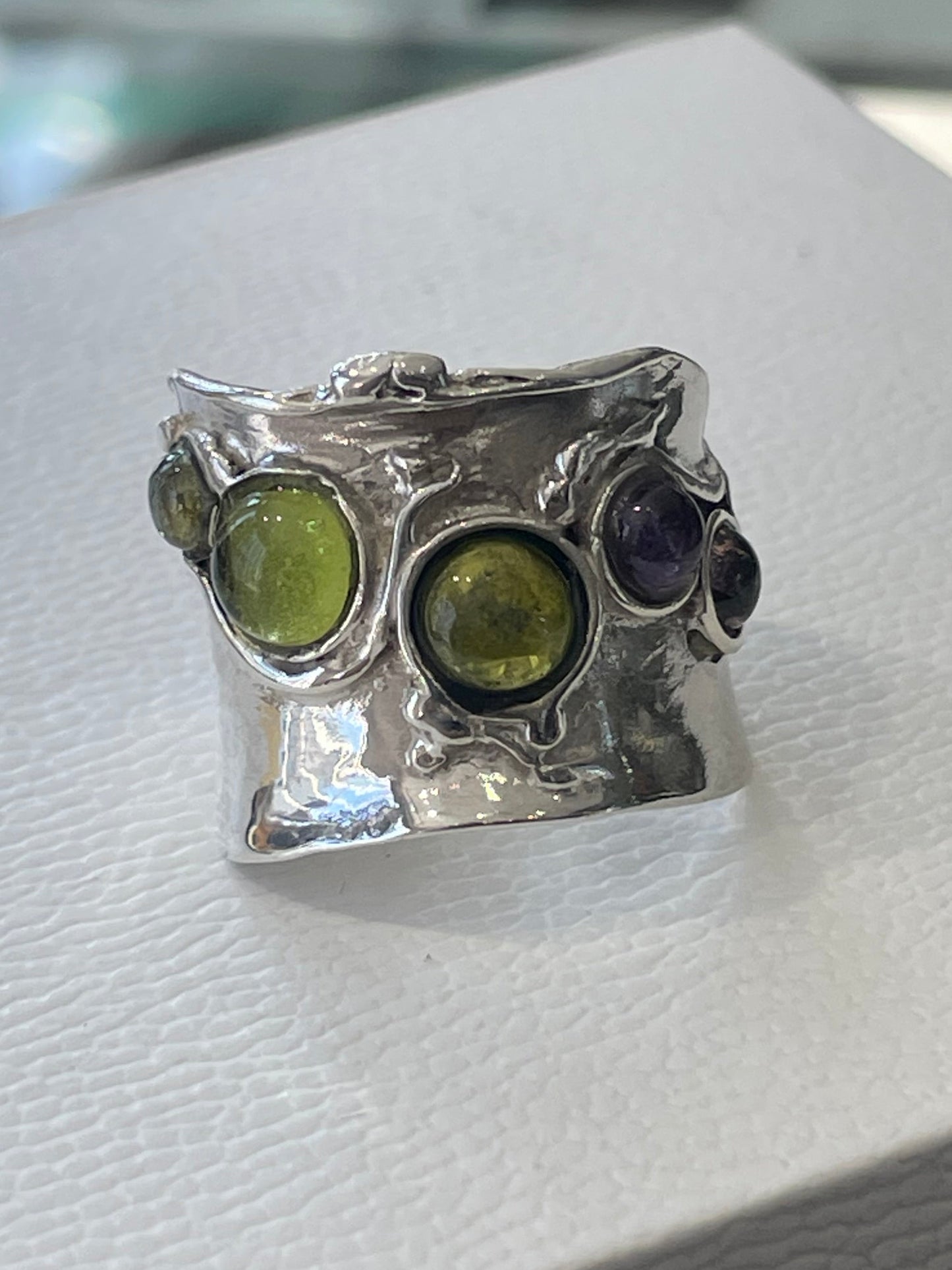 925 Sterling Silver Handmade Peridot & Amethyst Band Ring
