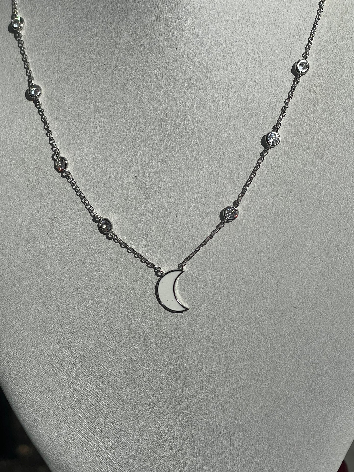 925 Sterling Silver White Enamel Crescent Moon Necklace with Clear Zirconia Chain 18”