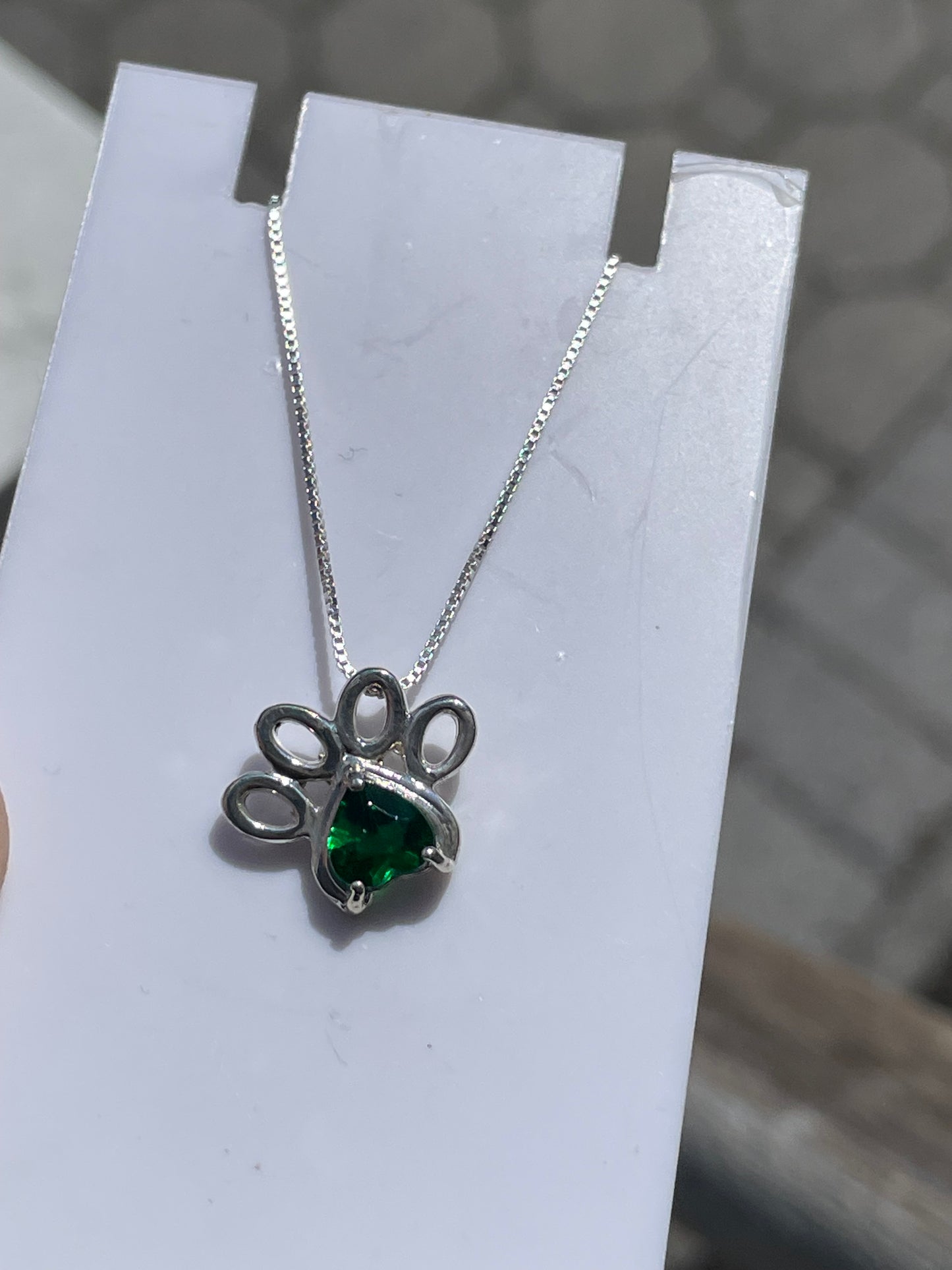 925 Sterling Silver Green Zirconia Paw Print Necklace