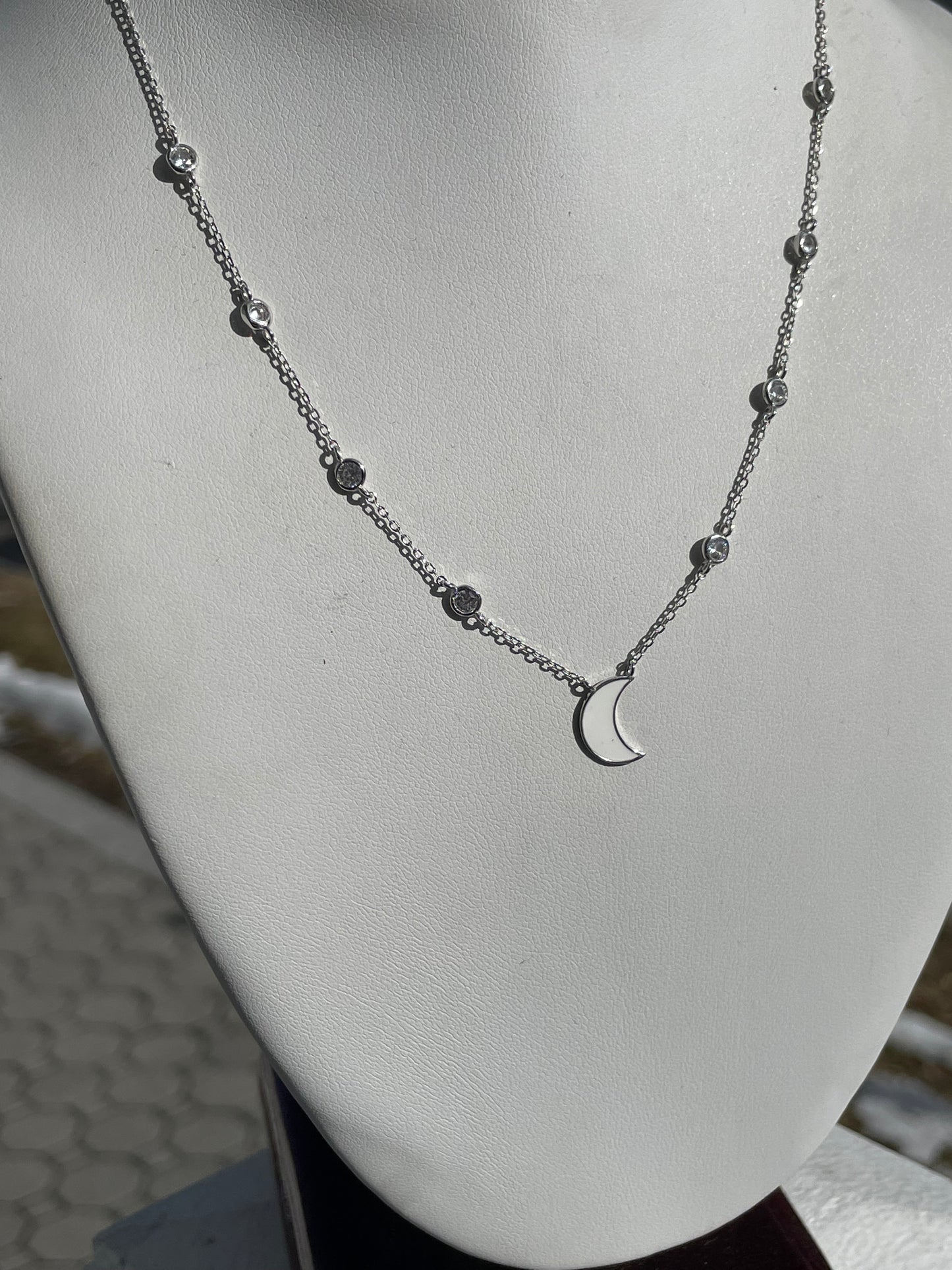 925 Sterling Silver White Enamel Crescent Moon Necklace with Clear Zirconia Chain 18”