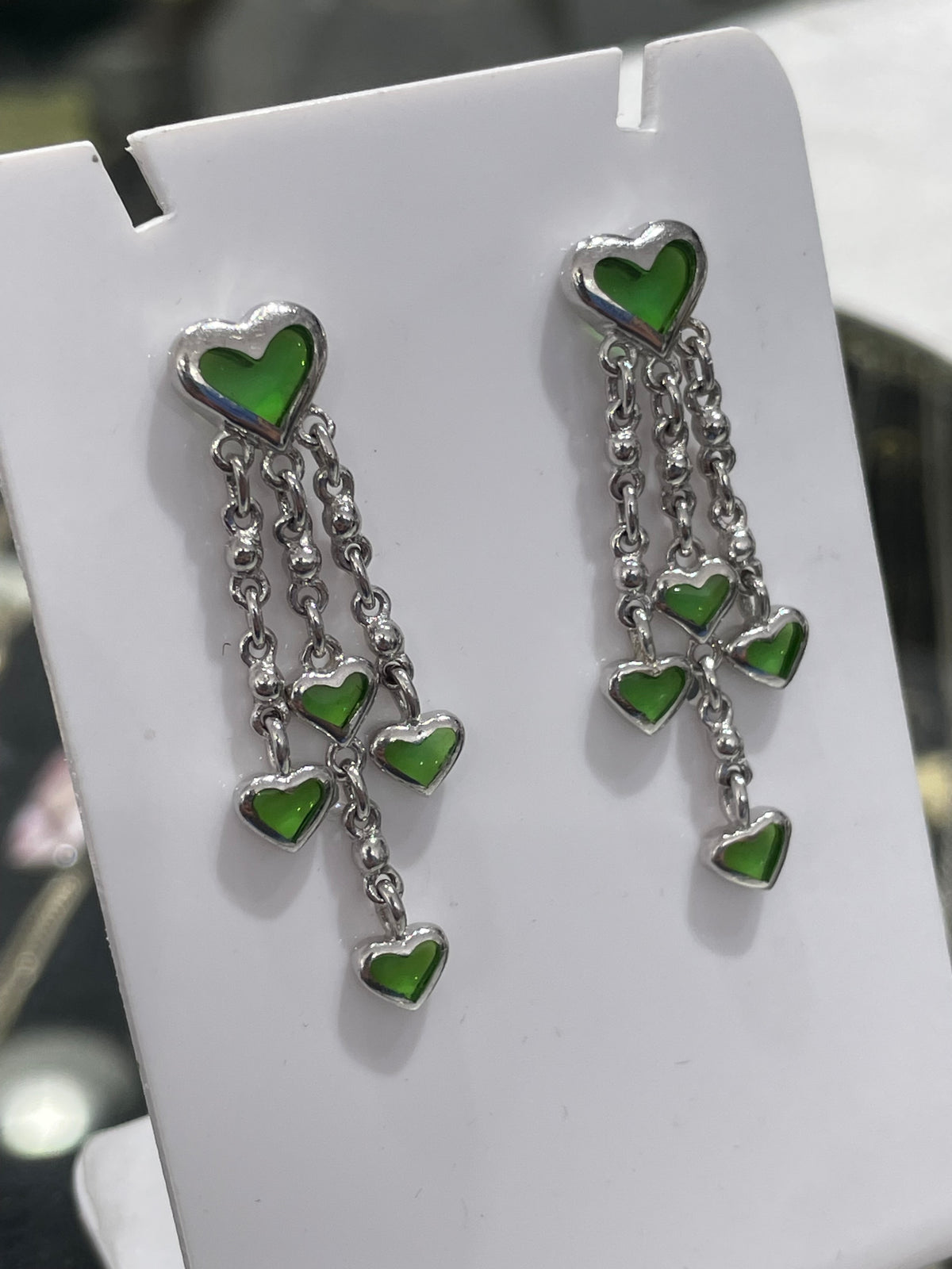 925 Sterling Silver Peridot Cascading Waterfall Hearts Dangle Earrings