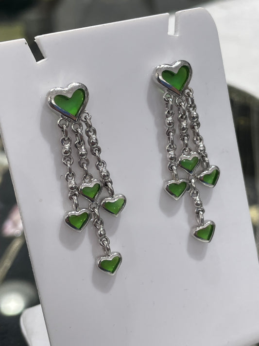 925 Sterling Silver Peridot Cascading Waterfall Hearts Dangle Earrings
