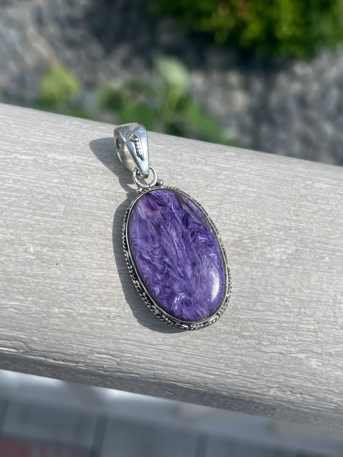 925 Sterling Silver Charoite Large Purple Stone Pendant
