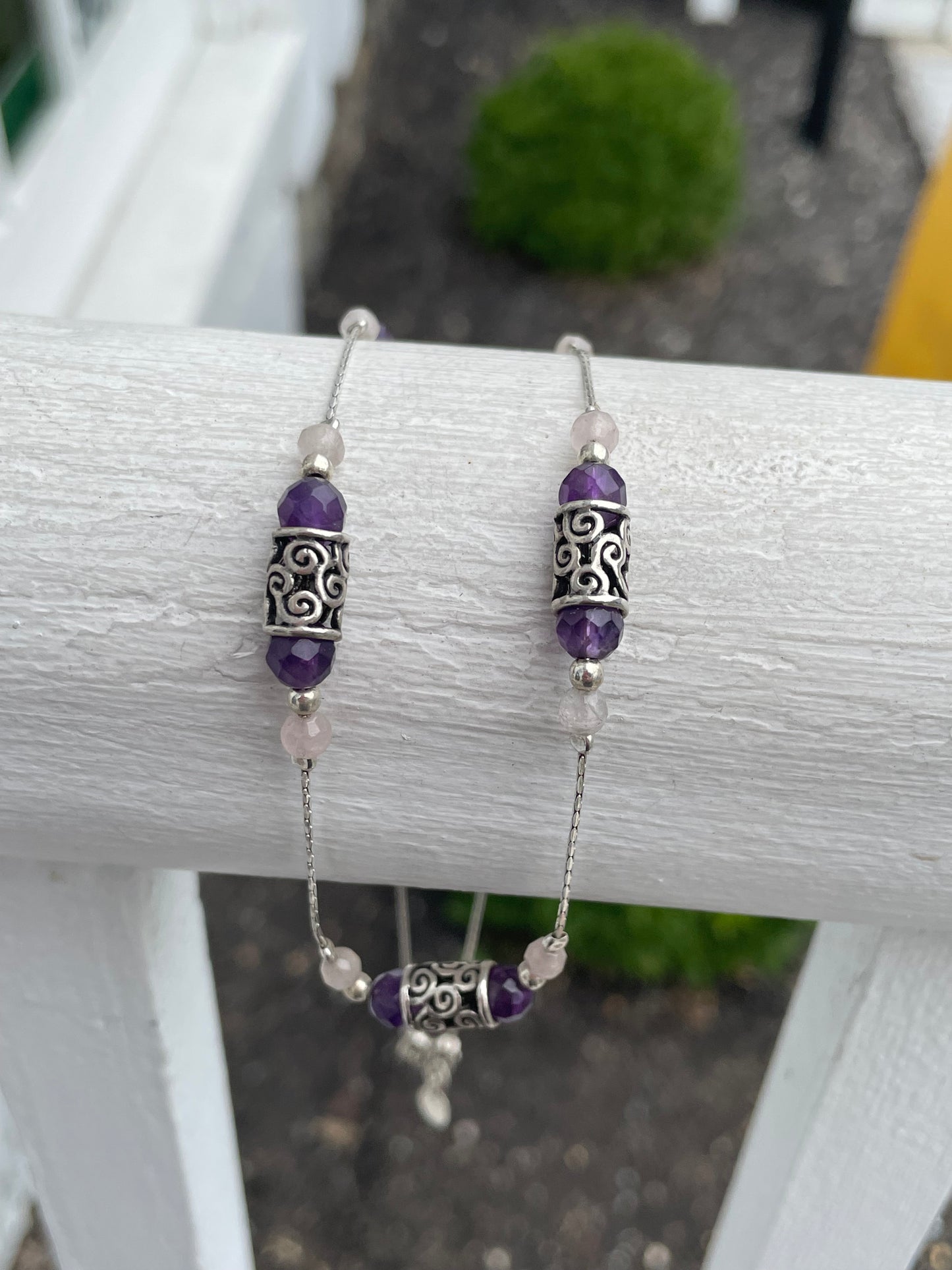 Designer Paz 925 Sterling Silver Amethyst & Rose Quartz Bead Necklace