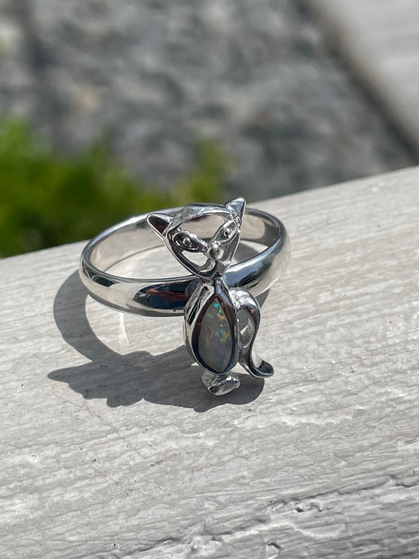 925 Sterling Silver Opal Stone Kitty Cat Ring Size 10