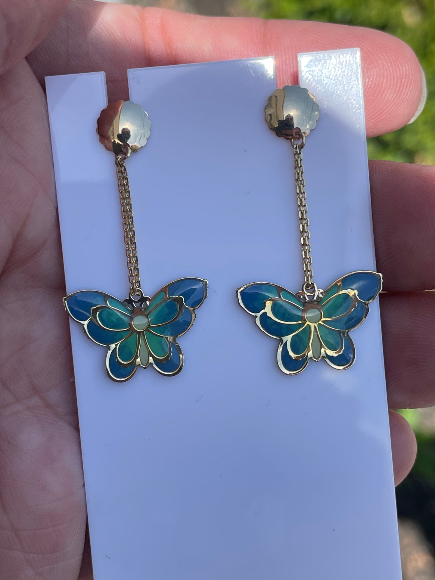 14k Gold Blue Enamel Butterfly Dangle Earrings