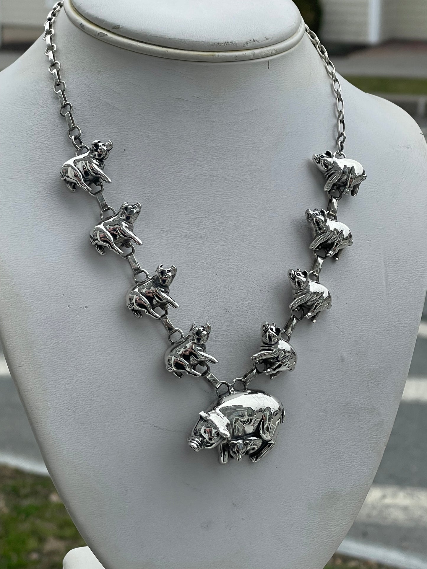 Designer Carol Felley Native American Pig Family Station Necklace 925 Sterling Silver